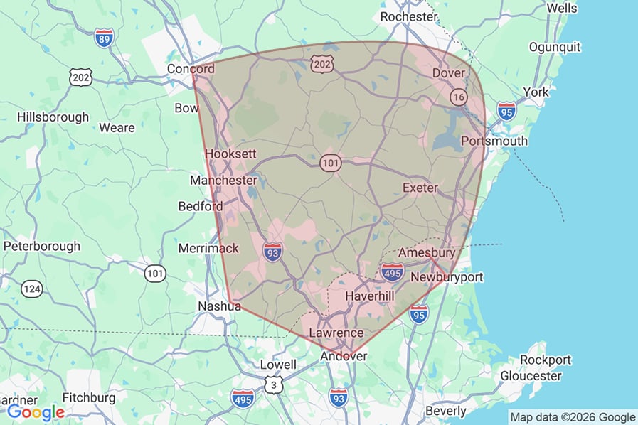 Map of our service area across southern New Hampshire and northeastern Massachusetts